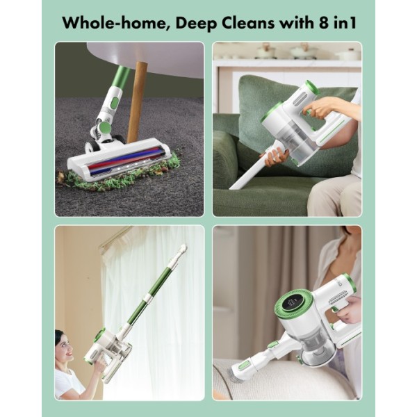 Homeika Stick Vacuum Cleaner Cordless, 200W Powerful Suction 8 in 1 Stick Vacuum with LED Display, 1.5L Dust Cup,Up to 30 Min Runtime, for Carpet and Hard Floor Pet Hair (Green)