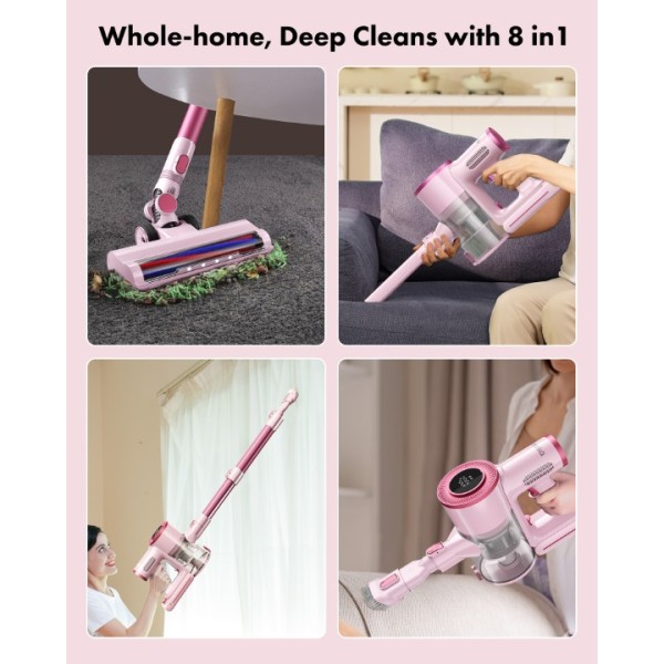 Homeika Stick Vacuum Cleaner Cordless, 200W Powerful Suction 8 in 1 Stick Vacuum with LED Display, 1.5L Dust Cup,Up to 30 Min Runtime, for Carpet and Hard Floor Pet Hair (Pink)