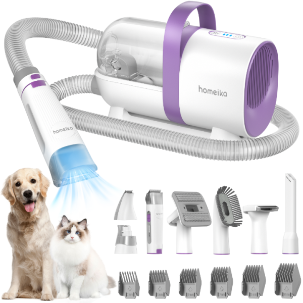 Homeika Pet Grooming Kit & Vacuum Suction 99% Pet Hair, Dog Hair Vacuum with 8 Pet Grooming Tools, 6 Nozzles, Deshedding/Grooming/Nail Grinder/Paw Trimmer and Clipper for Dogs Cats, Storage Bag, 1.5L