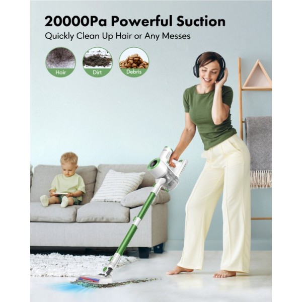 Homeika Stick Vacuum Cleaner Cordless, 200W Powerful Suction 8 in 1 Stick Vacuum with LED Display, 1.5L Dust Cup,Up to 30 Min Runtime, for Carpet and Hard Floor Pet Hair (Green)