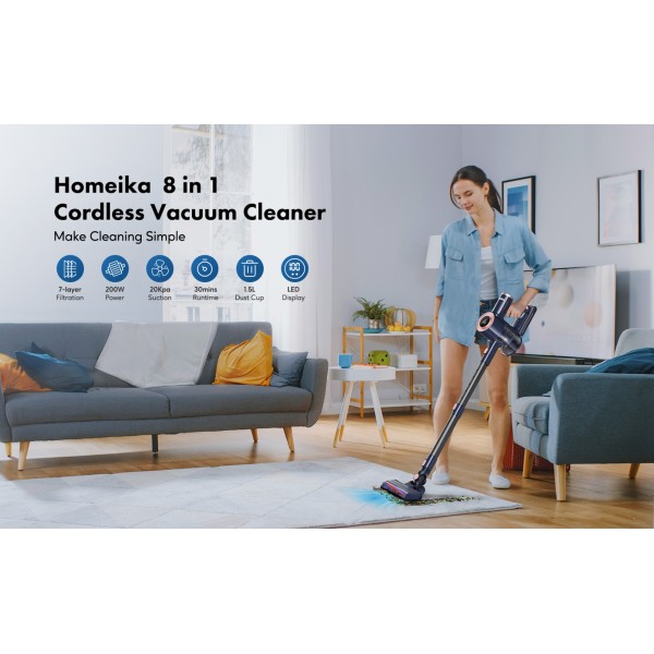 Homeika Cordless Vacuum Cleaner, 20Kpa Powerful Suction Vacuum with LED Display, 8 in 1 Lightweight Stick Vacuum Cleaner with 30 Min Runtime Detachable Battery for Carpet and Hard Floor Pet Hair Blue