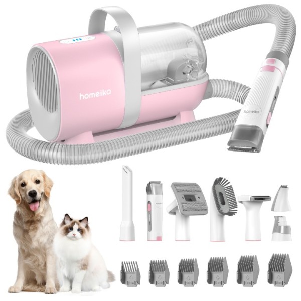 Homeika Pet Grooming Vacuum Suction 99% Pet Hair, Dog Hair Vacuum with 8 Pet Grooming Tools, 6 Nozzles, Deshedding/Grooming/Nail Grinder/Paw Trimmer/Clipper for Dogs Cats, Storage Bag,1.5L, Pink