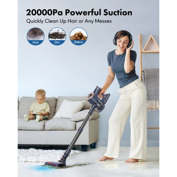 Homeika Cordless Vacuum Cleaner, 20Kpa Powerful Suction Vacuum with LED Display, 8 in 1 Lightweight Stick Vacuum Cleaner with 30 Min Runtime Detachable Battery for Carpet and Hard Floor Pet Hair Blue