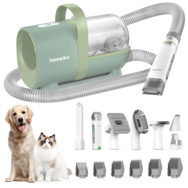 Homeika Dog Grooming Kit & Vacuum Suction 99% Pet Hair, Dog Hair Vacuum with 8 Pet Grooming Tools, 6 Nozzles, Deshedding/Grooming/Nail Grinder/Paw Trimmer/Clipper for Dogs Cats, Storage Bag,1.5L, Green