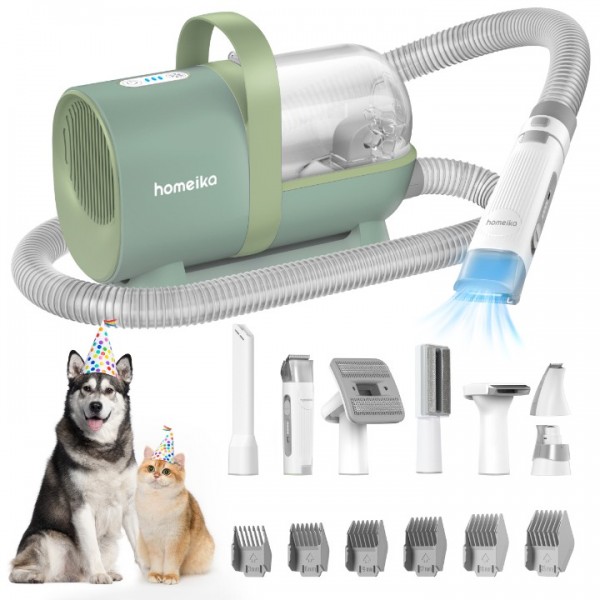 Homeika Pet Grooming Kit, 3.0L Dog Hair Vacuum Suction 99% Pet Hair, 7 Pet Grooming Tools, Storage Bag, 5 Nozzles, Quiet Pet Vacuum Groomer with Massage Nozzle for Shedding Dogs Cats, Green