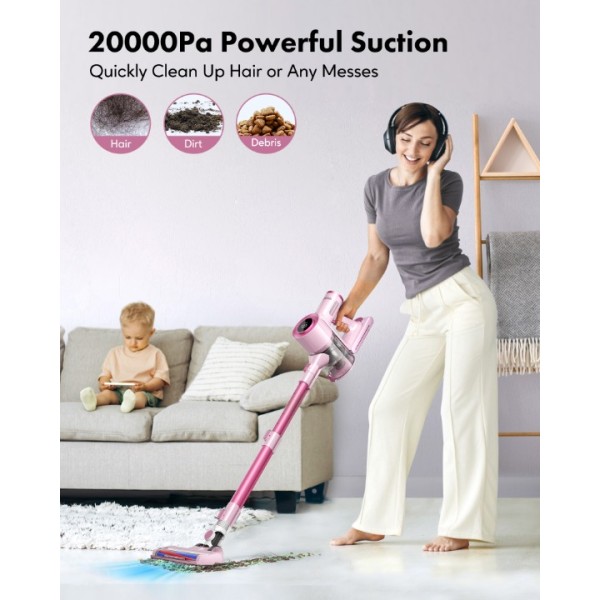 Homeika Stick Vacuum Cleaner Cordless, 200W Powerful Suction 8 in 1 Stick Vacuum with LED Display, 1.5L Dust Cup,Up to 30 Min Runtime, for Carpet and Hard Floor Pet Hair (Pink)