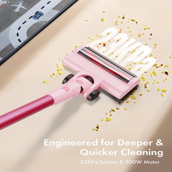 Homeika Cordless Vacuum Cleaner, 300W 23KPa Powerful Suction Vacuum with LED Display, 3 Suction, 48mins Runtime, Lightweight Stick Cleaner with Sofa Brush for Hard Floor/Carpet/Pet Hair/Car, Pink