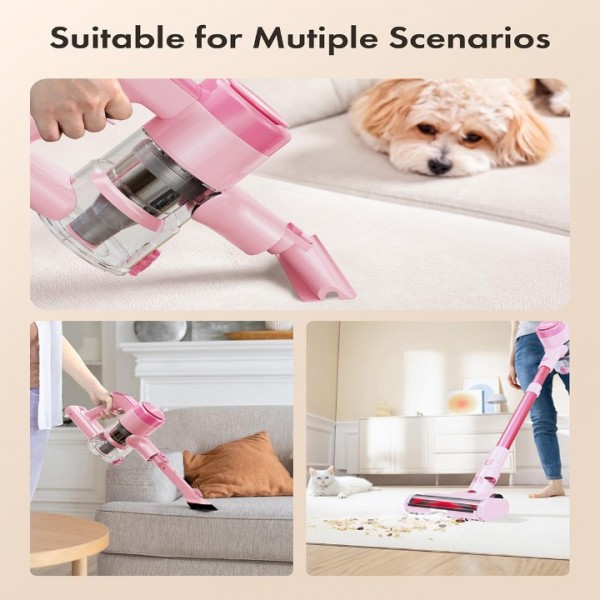 Homeika Cordless Vacuum Cleaner, 300W 23KPa Powerful Suction Vacuum with LED Display, 3 Suction, 48mins Runtime, Lightweight Stick Cleaner with Sofa Brush for Hard Floor/Carpet/Pet Hair/Car, Pink
