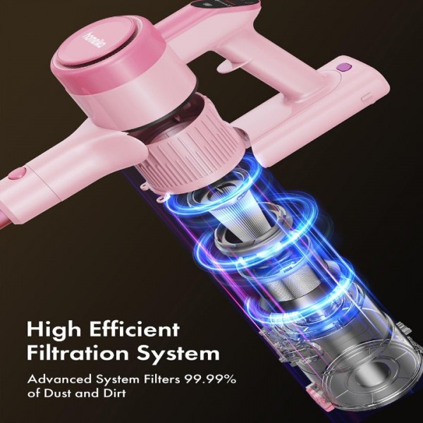 Homeika Cordless Vacuum Cleaner, 300W 23KPa Powerful Suction Vacuum with LED Display, 3 Suction, 48mins Runtime, Lightweight Stick Cleaner with Sofa Brush for Hard Floor/Carpet/Pet Hair/Car, Pink