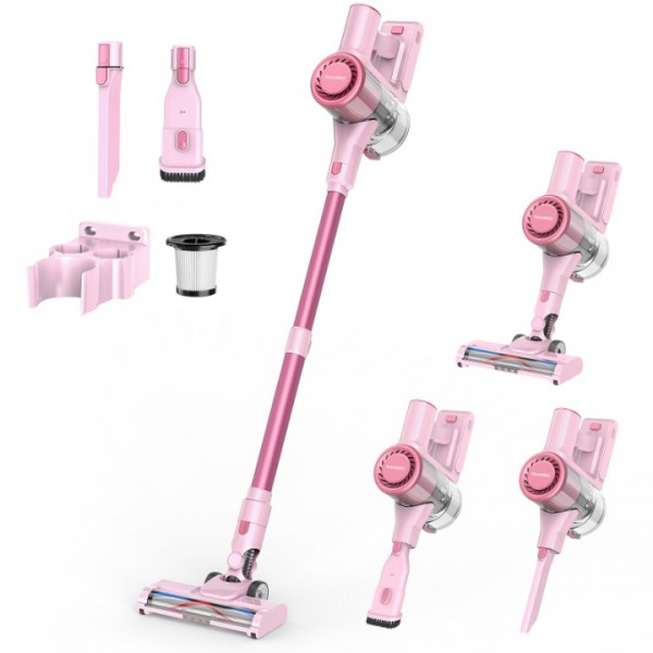 Homeika H320 Cordless Vacuum Cleaner, 28KPA Powerful Suction 8-in-1 Multi-Tool 55min Runtime LED Motorized Brush One-Click Dust Emptying for Pet Hair and Allergies,Pink