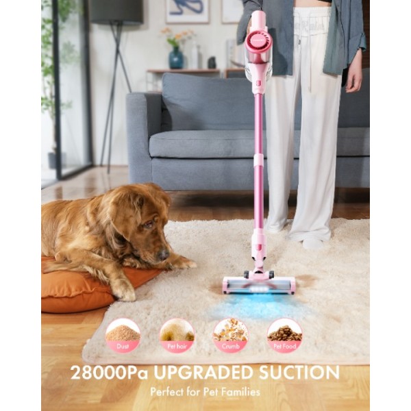 Homeika H320 Cordless Vacuum Cleaner, 28KPA Powerful Suction 8-in-1 Multi-Tool 55min Runtime LED Motorized Brush One-Click Dust Emptying for Pet Hair and Allergies,Pink