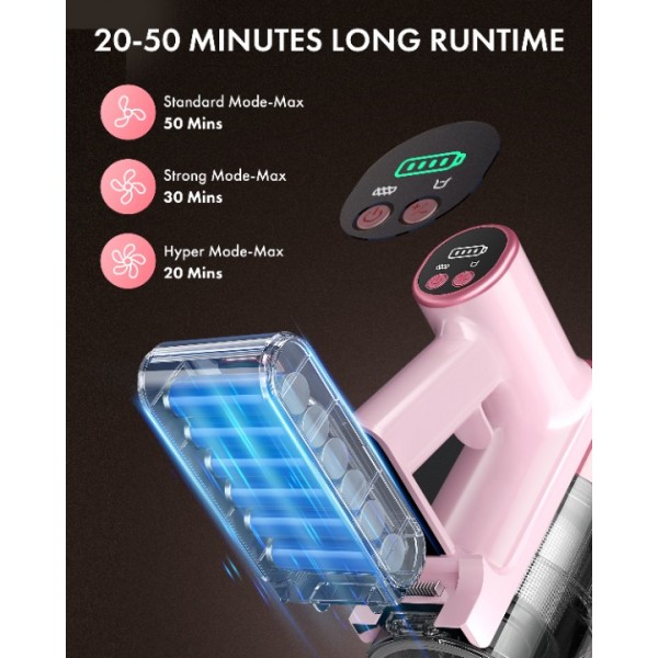 Homeika H320 Cordless Vacuum Cleaner, 28KPA Powerful Suction 8-in-1 Multi-Tool 55min Runtime LED Motorized Brush One-Click Dust Emptying for Pet Hair and Allergies,Pink
