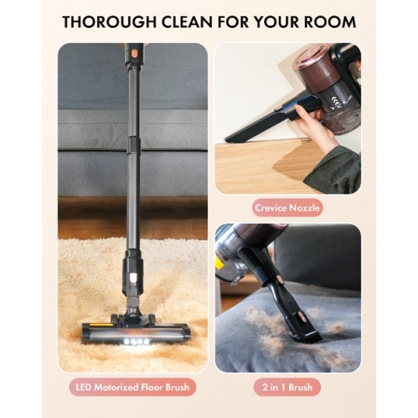 Homeika H320 Cordless Vacuum Cleaner, 28KPA Powerful Suction 8-in-1 Multi-Tool 55min Runtime LED Motorized Brush One-Click Dust Emptying for Pet Hair and Allergies,Black