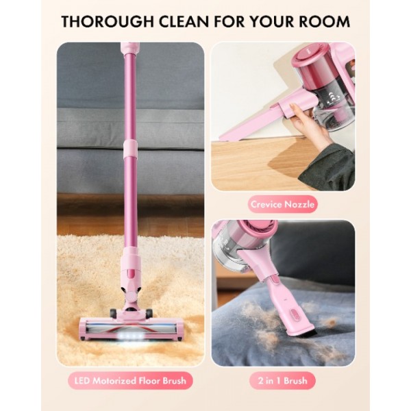 Homeika H320 Cordless Vacuum Cleaner, 28KPA Powerful Suction 8-in-1 Multi-Tool 55min Runtime LED Motorized Brush One-Click Dust Emptying for Pet Hair and Allergies,Pink