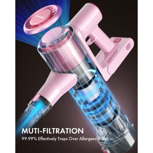 Homeika H320 Cordless Vacuum Cleaner, 28KPA Powerful Suction 8-in-1 Multi-Tool 55min Runtime LED Motorized Brush One-Click Dust Emptying for Pet Hair and Allergies,Pink